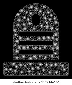 Glowing mesh cemetery stone with sparkle effect. Abstract illuminated model of cemetery stone icon. Shiny wire frame polygonal network cemetery stone. Vector abstraction on a black background.