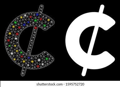 Glowing mesh cent icon with glare effect. Abstract illuminated model of cent. Shiny wire frame triangular mesh cent icon. Vector abstraction on a black background.