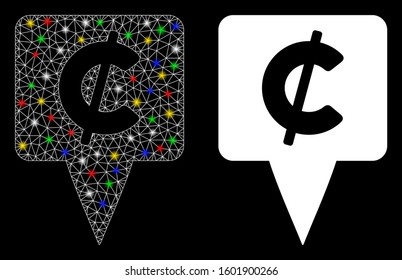 Glowing mesh cent map pointer icon with lightspot effect. Abstract illuminated model of cent map pointer. Shiny wire frame triangular mesh cent map pointer icon.