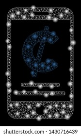 Glowing mesh cent mobile payment with glare effect. Abstract illuminated model of cent mobile payment icon. Shiny wire carcass polygonal mesh cent mobile payment.