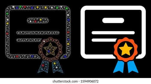Glowing mesh certification icon with glitter effect. Abstract illuminated model of certification. Shiny wire carcass triangular mesh certification icon. Vector abstraction on a black background.