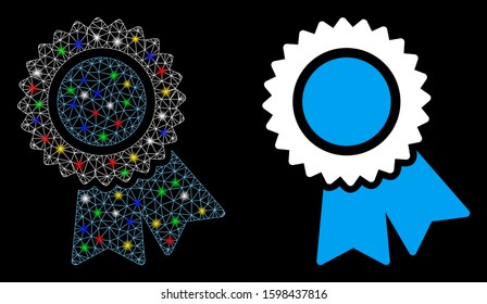 Glowing mesh certification icon with lightspot effect. Abstract illuminated model of certification. Shiny wire carcass polygonal mesh certification icon. Vector abstraction on a black background.