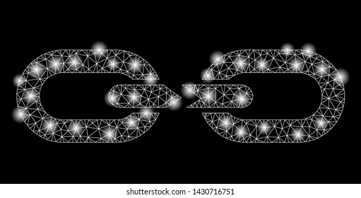 Glowing mesh chain break with glitter effect. Abstract illuminated model of chain break icon. Shiny wire frame polygonal mesh chain break. Vector abstraction on a black background.