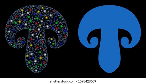 Glowing mesh champignon mushroom icon with sparkle effect. Abstract illuminated model of champignon mushroom. Shiny wire carcass polygonal mesh champignon mushroom icon.
