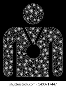 Glowing mesh champion with glare effect. Abstract illuminated model of champion icon. Shiny wire frame triangular mesh champion. Vector abstraction on a black background.