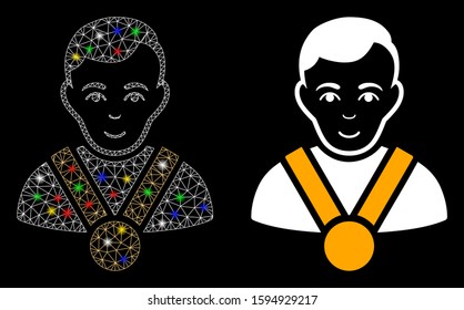 Glowing mesh champion icon with glow effect. Abstract illuminated model of champion. Shiny wire frame triangular mesh champion icon. Vector abstraction on a black background.