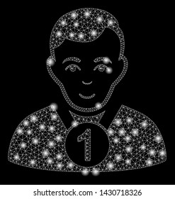 Glowing mesh champion with lightspot effect. Abstract illuminated model of champion icon. Shiny wire carcass triangular mesh champion. Vector abstraction on a black background.