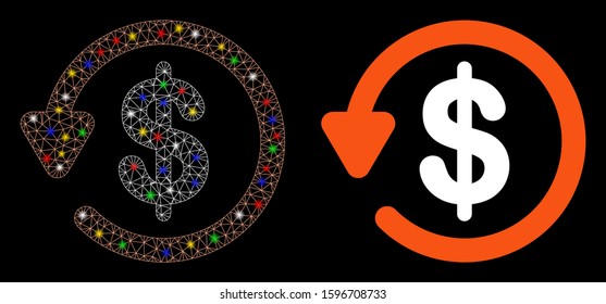 Glowing mesh chargeback icon with lightspot effect. Abstract illuminated model of chargeback. Shiny wire frame polygonal mesh chargeback icon. Vector abstraction on a black background.