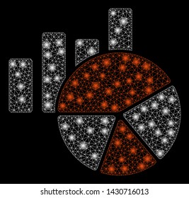 Glowing mesh charts with lightspot effect. Abstract illuminated model of charts icon. Shiny wire frame polygonal mesh charts. Vector abstraction on a black background.
