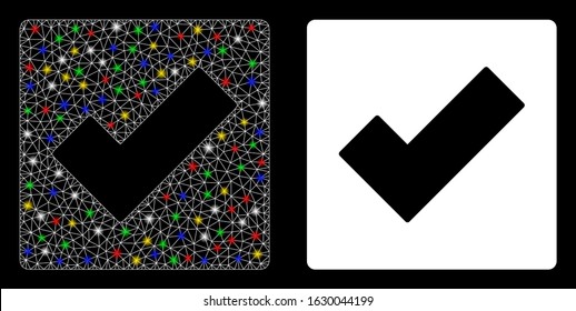 Glowing mesh check icon with glare effect. Abstract illuminated model of check. Shiny wire frame triangular mesh check icon. Vector abstraction on a black background.
