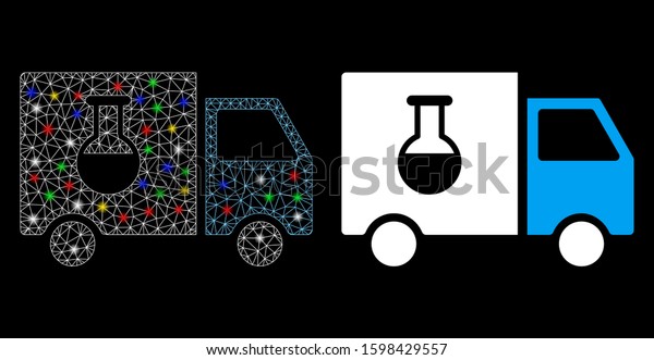 Glowing mesh\
chemical delivery truck icon with glow effect. Abstract illuminated\
model of chemical delivery truck. Shiny wire frame polygonal mesh\
chemical delivery truck\
icon.