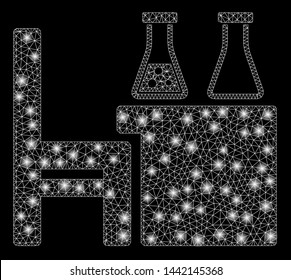 Glowing mesh chemical desk with glare effect. Abstract illuminated model of chemical desk icon. Shiny wire frame polygonal mesh chemical desk. Vector abstraction on a black background.