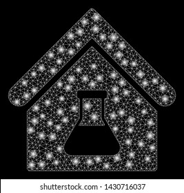 Glowing mesh chemical labs building with glare effect. Abstract illuminated model of chemical labs building icon. Shiny wire frame polygonal mesh chemical labs building.