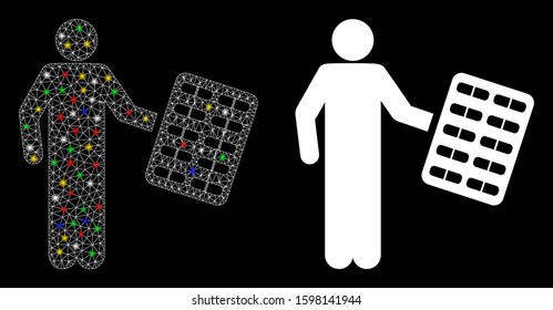 Glowing mesh chemist with blister icon with sparkle effect. Abstract illuminated model of chemist with blister. Shiny wire carcass triangular mesh chemist with blister icon.