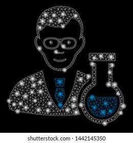 Glowing mesh chemist with lightspot effect. Abstract illuminated model of chemist icon. Shiny wire carcass triangular mesh chemist. Vector abstraction on a black background.