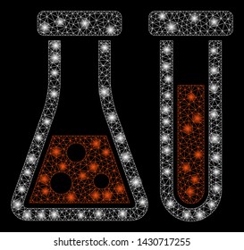 Glowing mesh chemistry with glare effect. Abstract illuminated model of chemistry icon. Shiny wire carcass triangular network chemistry. Vector abstraction on a black background.