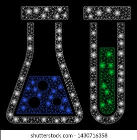 Glowing mesh chemistry with lightspot effect. Abstract illuminated model of chemistry icon. Shiny wire frame polygonal mesh chemistry. Vector abstraction on a black background.