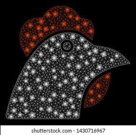 Glowing mesh chicken head with sparkle effect. Abstract illuminated model of chicken head icon. Shiny wire frame polygonal mesh chicken head. Vector abstraction on a black background.