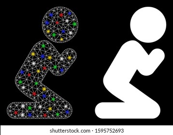 Glowing mesh child pray icon with lightspot effect. Abstract illuminated model of child pray. Shiny wire frame polygonal mesh child pray icon. Vector abstraction on a black background.