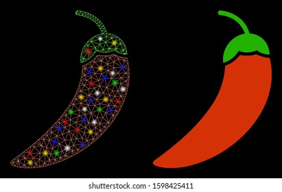 Glowing mesh chili pepper icon with sparkle effect. Abstract illuminated model of chili pepper. Shiny wire carcass triangular network chili pepper icon. Vector abstraction on a black background.