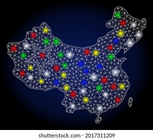 Glowing mesh China map with sparkle effect. Abstract illuminated vector model of China map icon on a dark blue gradiented background. White wire carcass polygonal mesh China map.