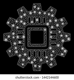 Glowing mesh chip development gear with lightspot effect. Abstract illuminated model of chip development gear icon. Shiny wire carcass polygonal mesh chip development gear.
