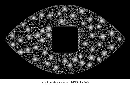 Glowing mesh chip eye retina with glare effect. Abstract illuminated model of chip eye retina icon. Shiny wire frame triangular network chip eye retina. Vector abstraction on a black background.