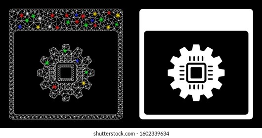 Glowing mesh chip gear calendar page icon with lightspot effect. Abstract illuminated model of chip gear calendar page. Shiny wire frame triangular mesh chip gear calendar page icon.