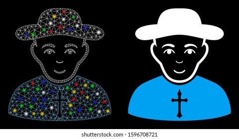 Glowing mesh Christian priest icon with sparkle effect. Abstract illuminated model of Christian priest. Shiny wire frame triangular mesh Christian priest icon.