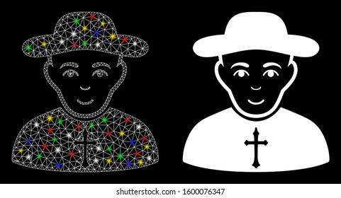 Glowing mesh Christian priest icon with glare effect. Abstract illuminated model of Christian priest. Shiny wire frame triangular network Christian priest icon.