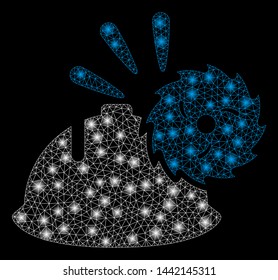 Glowing mesh circular blade head protection with glow effect. Abstract illuminated model of circular blade head protection icon. Shiny wire carcass triangular mesh circular blade head protection.