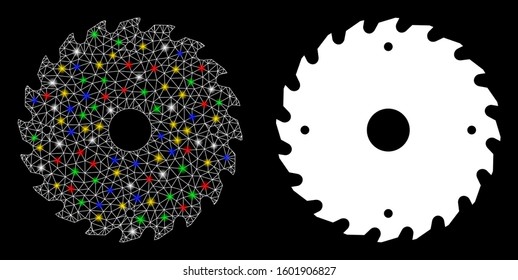Glowing mesh circular saw blade icon with glow effect. Abstract illuminated model of circular saw blade. Shiny wire carcass polygonal mesh circular saw blade icon.