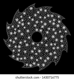 Glowing mesh circular saw with sparkle effect. Abstract illuminated model of circular saw icon. Shiny wire frame polygonal mesh circular saw. Vector abstraction on a black background.
