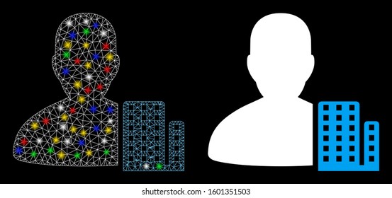 Glowing mesh city architect icon with glare effect. Abstract illuminated model of city architect. Shiny wire carcass polygonal network city architect icon. Vector abstraction on a black background.