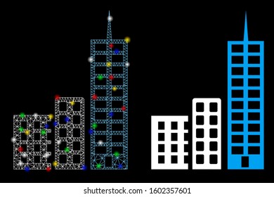 Glowing mesh city icon with sparkle effect. Abstract illuminated model of city. Shiny wire carcass polygonal network city icon. Vector abstraction on a black background.