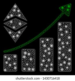 Glowing mesh classic Ethereum growth trend with lightspot effect. Abstract illuminated model of classic Ethereum growth trend icon. Shiny wire frame polygonal mesh classic Ethereum growth trend.