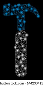 Glowing mesh claw hammer with glitter effect. Abstract illuminated model of claw hammer icon. Shiny wire carcass polygonal mesh claw hammer. Vector abstraction on a black background.