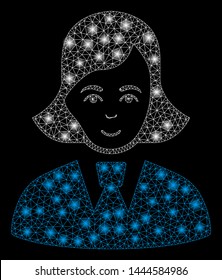 Glowing mesh clerk lady with glow effect. Abstract illuminated model of clerk lady icon. Shiny wire carcass polygonal mesh clerk lady. Vector abstraction on a black background.