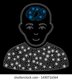 Glowing mesh clever boy with glow effect. Abstract illuminated model of clever boy icon. Shiny wire carcass triangular mesh clever boy. Vector abstraction on a black background.