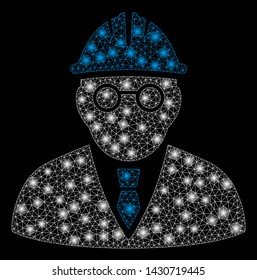 Glowing mesh clever engineer with glow effect. Abstract illuminated model of clever engineer icon. Shiny wire frame polygonal network clever engineer. Vector abstraction on a black background.