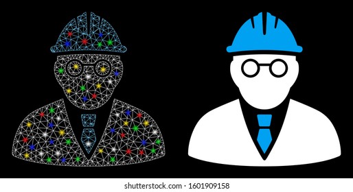 Glowing mesh clever engineer icon with glitter effect. Abstract illuminated model of clever engineer. Shiny wire carcass polygonal mesh clever engineer icon. Vector abstraction on a black background.