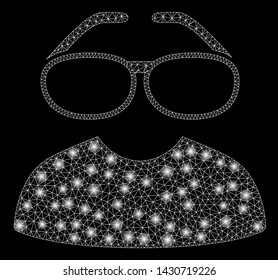 Glowing mesh clever spectacles with sparkle effect. Abstract illuminated model of clever spectacles icon. Shiny wire frame triangular mesh clever spectacles. Vector abstraction on a black background.