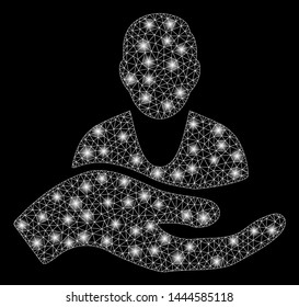 Glowing mesh client care hand with glare effect. Abstract illuminated model of client care hand icon. Shiny wire carcass polygonal mesh client care hand. Vector abstraction on a black background.