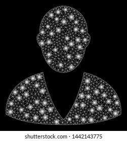 Glowing mesh client with glare effect. Abstract illuminated model of client icon. Shiny wire frame polygonal mesh client. Vector abstraction on a black background.