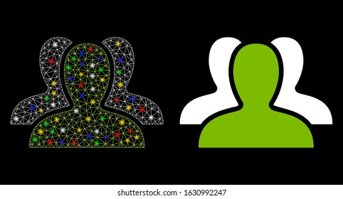Glowing mesh client group icon with lightspot effect. Abstract illuminated model of client group. Shiny wire frame polygonal mesh client group icon. Vector abstraction on a black background.