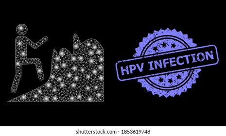 Glowing mesh climbing person with glowing spots, and Hpv Infection dirty ribbon stamp seal. Blue seal includes Hpv Infection tag inside rosette.