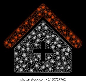 Glowing mesh clinic building with sparkle effect. Abstract illuminated model of clinic building icon. Shiny wire frame polygonal mesh clinic building. Vector abstraction on a black background.