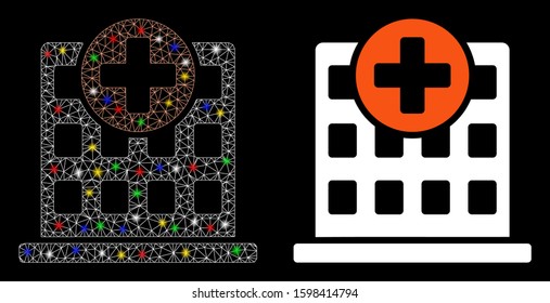 Glowing mesh clinic facade icon with sparkle effect. Abstract illuminated model of clinic facade. Shiny wire carcass polygonal mesh clinic facade icon. Vector abstraction on a black background.