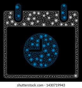 Glowing mesh clock calendar day with sparkle effect. Abstract illuminated model of clock calendar day icon. Shiny wire carcass polygonal mesh clock calendar day.