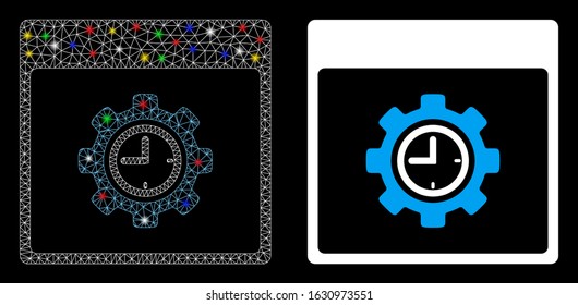 Glowing mesh clock configuration gear calendar page icon with lightspot effect. Abstract illuminated model of clock configuration gear calendar page.